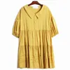 [EAM] Women Buttons Spliced Pleated Dress Peter Pan Neck Puff Half Sleeve Loose Fit Fashion Spring Summer 1DD8210 210512
