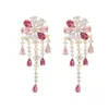 Pink Crystal Flower Women Fashion Tassel Drop Water Stud Earrings Brand Luxurious Wedding Jewelry With Cubic Zriconia