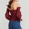 Summer Fashion RED Plaid Women Petite Off Shoulder Shirred Red Tartan Check Slash Neck Sexy Vintage Shirt Blouse POI8 210603