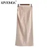 KPYTOMOA Women Chic Fashion With Draped Front Slit Linen Midi Skirt Vintage High Waist Back Zipper Female Skirts Mujer 210730