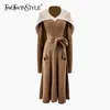 TWOTWINSTYLE Casual Knitted Patchwork Dress For Women O Neck Cloak Long Sleeve High Waist Bowknot Elegant Dresses Female Autumn 210517
