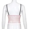 Blommig tryckt söt Y2K Crop Top Pink Camis Lace Patched Bow Cute Tank Top Spaghetti Strape V Neck Party New Trend Vest 210415