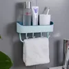 Plast Punch Free Wall Hängande Badrum Rack Självhäftande tvål Shampoo Hållare Storage Rack med 4 hängare