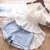 Summer Girls 'Suit Sweet Sling Tail Dress Top + Pearl Denim Shorts European American Style Children's Baby Kinderkleding Sets 210625