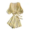 Vår V-hals Chiffon Lace-up Långärmad topp med shorts Set Kvinna High-Waisted Vintage Wide-Ben Two-Party Suit 210420