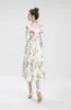 Women's Runway Dresses Square Neckline Short Sleeves Floral Printed Ruffles Ruched Fashion Mid Dress Vestidos