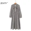 Jesień Kobiety Vintage Houndstooth Plaid Drukuj Koszula Sukienka Damska Chic Łuk Odzież Długie Rękaw Biznes Vestido DS4547 210420