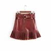 4 colors Chic Pu Leather Mini Skirt with Belt Za Fashion Women High Waist Pleated Skirts Casual Streetwear Party Faldas 210724