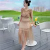 Sommar Runway Fashion Dress Sexy V Neck Kortärmad Polka Dot Mesh Long Party 210531