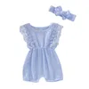 Summer born Girls Rompers Set Flare Sleeve Solid Print Lace Design Romper Jumpsuit With Headband s 211101