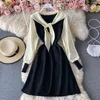 Pullover Kleid Frauen Frühling Herbst Koreanische Gestrickte Mini Kleider Patchwork Süße Alle-spiel Schlanke Taille Vestidos Elegante Robe 210514