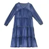 Johnature Vintage Denim Dress Kobiety Ubrania Jesień Luźne Wypoczynek V-Neck Rękaw Lampion Zwięzły Ruffles Damskie sukienki 210521