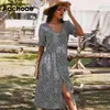 Kvinnor Boho Tryckt Midi med fickor Sommar V Neck Button Up Beach Dress Ruffle Kortärmade Kausalklänningar 210413