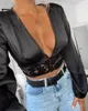 Damblusar Skjortor Dam Mesh Sheer Blus Genomskinlig Hollow Deep V Spets Crop Top Långärmad skjorta Sexig Svart Kvinna Blusas