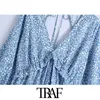 Traf Women Chic Fashion Animal Print Ruffle Mini sukienka Vintage Backless Bow Boweld Side Sipip Sukienki Vestidos 210415