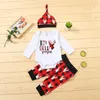 의류 세트 아기 소녀 겨울 점프 슈트 유아 소년 소녀 크리스마스 편지 Bodysuit Romper + 격자 무늬 바지 + 모자 복장 옷 패션
