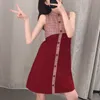 Red Plaid Patchwork O Neck Single-breasted Tank Sleeveless Dress Sweet Summer Vintage D1669 210514