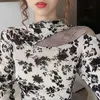 Blusa demi-col haut élégant bas chemise Sexy maille hors épaule en mousseline de soie Blouse femmes imprimé mince à manches longues chemise 13086 210527