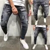 Trendiga män skinny jeans biker förstörde frayed passform denim rippade denim byxor sida stripe penna byxor hip hop streetwear s-3xl x0621