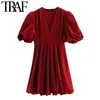 TRAF BAYANLAR Elastik Trim Velvet Mini Elbise Ile Chic Moda Vintage Puf Kollu Yan Fermuar Kadın Elbiseler Vestidos Mujer 210415