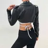 Iamty Black PU Leather Crop Jacket Street Wear Punk Style Womens Coats Long Sleeve Turn-Down Zipper Short Fashion 211029