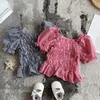 2-6歳のための女の子パフスリーブシャツ2-6歳のファッション格子縞のプリント子供半袖Tシャツ夏の赤ちゃんの女の子カジュアルなトップ服210515