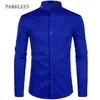 Chemise pour hommes décontracté Slim Fit col montant avec poche à manches longues robe de couleur unie s mariage social 210809