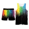 Survêtements pour hommes Hommes T-shirt d'été Shorts Set Black Rainbow Paint Sweat à capuche à manches courtes Gym Débardeurs sans manches Gilet Bouton 318i