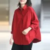 Vårkonst Style Kvinnor Långärmad Loose Solid Shirts All-matchad Casual Turn-down Collar Bomull Red Blouse Plus Size V284 210512