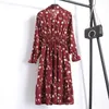 Summer Women Casual Dress Elastyczna Talia Plisowany Kwiatowy Drukuj Szyfon Długi Rękaw Vintage Vestidos Robe 210514