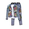 European Style Fashion Pants Outfits Women Long Sleeve Flower Sequins Denim Short Jacket + Jeans Two-Piece Set Female Tide H957 Women's Trac