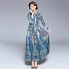 Maxi Women Vintage Flower Print Fall Dress Work Casual Slim Runway Bow Tie Collar Sleeve Long Dresses Robe Femme 210416