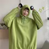Streetwear Women Harajuku Sweatshirt Söt Loose Green Cartoon Animal Eyes Hooded Långärmad Pullover Sweatshirts Kvinnors Hoodies