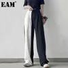 [Eam] Hoge elastische taille zwart wit splitsen casual broek nieuwe losse pasvorm broek vrouwen mode tij lente zomer 2021 1DD8329 Q0801