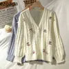 Ezgaga女性のセーター秋のVネック緩い桜のセーター女性韓国の女性甘いニットカーディガンファッションカジュアル210430