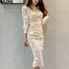 Vår eleganta spets klänningar hög midja smal broderi kvinnlig långärmad halv turtleneck vit klänning 210514