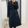 Kış Yün Karışımları Uzun Coat Kemer Ile Kadın Çift-ParmakTed Kollu Orta Buzağı Siper OL Slim Fit SAHSESS Giyim 210429