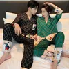 Unisex Adult Couple Pajamas Summer Long-sleeved 2 Pieces Ice Silk Female Cartoon Pajamas Set Long Sleeve Men Home Service Suit 211110