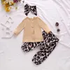 Spring Baby Girls Sets Stripe Långärmad Top + Leopardbyxor Headdress 3PCS Outfits E10850 210610