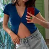 Blue Y2K Crop Top For Girls Summer Women's T-Shirt With Short Sleeve Female Button Up Sexy Deep V-Neck Ruffles Party Tee 210415