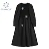 Vintage Långärmad Stickad Patchwork Goth Dress Kvinnor Höst Harajuku Floral Broderi A-Line Black Gothic 210515