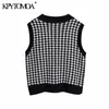 Kvinnor mode överdimensionerade houndstooth stickade väst sweaters v neck sida ventiler kvinnlig väst chic jumper toppar 210420