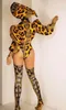 Kleding Stage Dragen Vrouwen Leerling Danser Team Gogo Kostuum Sexy Nachtclub Bar Party Hat Puff Sleeve Jas Shorts Foot Cover Outfit Leopard Print Jazz Dance Set