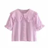 ZA Rosa Sommer besticktes Hemd Frauen kurze Puffärmel Rüschen süßes Top weibliche Mode Button Up Fit Stickerei Bluse 210602