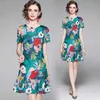 Dames Zomer Designer Elegante Print Jurk Groene O-hals Korte Mouw Casual Party Robe Femme Vintage Fishtail Jurk Vestidos 210525