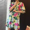 Korjpaa Kvinnor Mini Klänning Korea Chic Sommar Retro Elegant Print V-Neck Wooden Ear Stitching Loose Flared Sleeve Vestido 210526