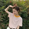 Classic Striped Vintage Short Sleeve College Wind Fashion Basic Sweet O-Neck Kvinnor Kvinna Topp T-shirts 210623