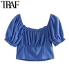 Mulheres Fashion Botons Decore Ruffled Cropped Blusas Vintage V Neck Lanterna Lanterna Feminina Camisas Chic Tops 210507