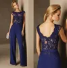 Elegante tuta blu navy con pantaloni Abiti da sera 2021 Sexy See Thourgh Top Abito da ballo in pizzo Abito da cerimonia formale in raso Chic Robe De Soir￩e Mariage