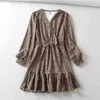 Vintage Leopard Printed Pleated Dresses Women Fashion Cross V-Neck Dress Elegant Ladies Long Sleeve Mini Dresses 210520